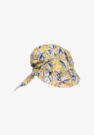 Gul stofkasket med grønne, blå og lyserøde bladmønstre, der har en bundet bagsektion og en lille sort knap på siden.