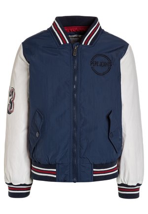 Marineblaue und weiße College-Jacke mit Reißverschluss, gestreiftem Kragen und Bündchen, Fronttaschen, "Pepe Jeans"-Logo auf der Brust und der Zahl 3 auf dem Ärmel.