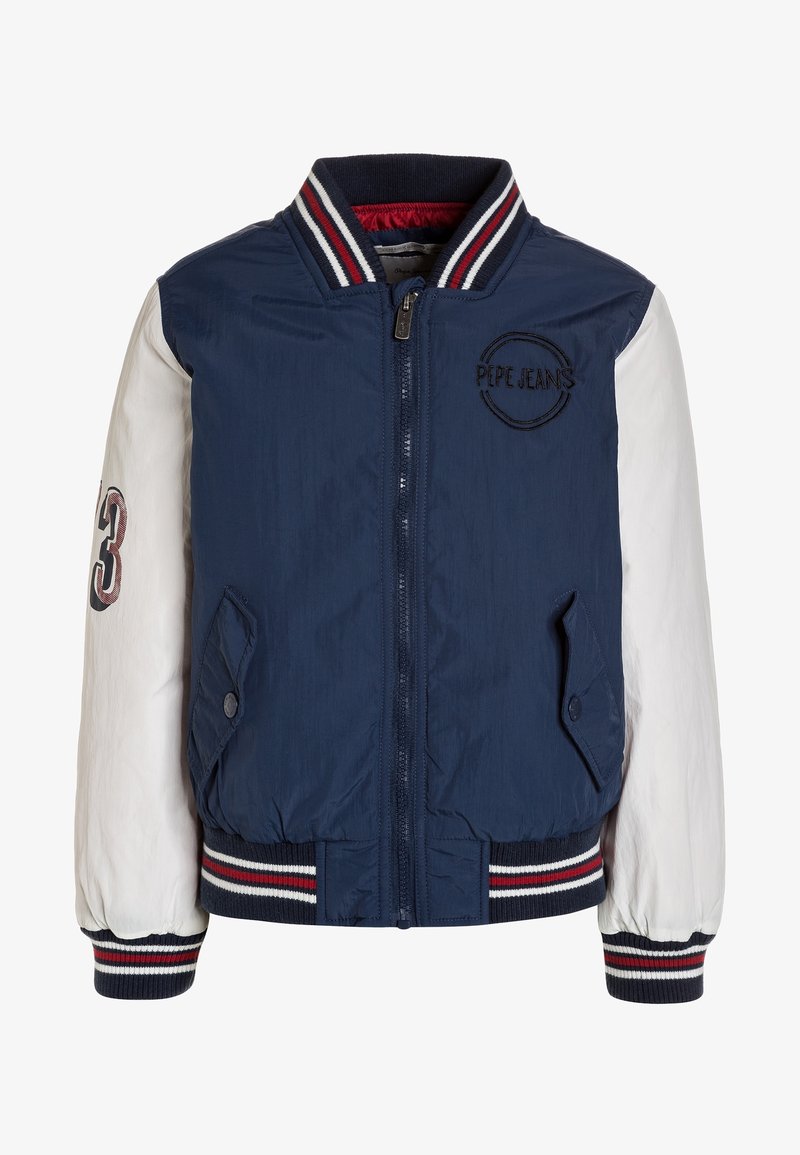 Veste universitaire bleu marine et blanche avec fermeture éclair, col et poignets rayés, poches avant, logo "Pepe Jeans" sur la poitrine, et numéro 3 sur la manche.