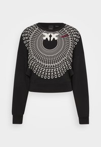 Černá zkrácená mikina s kulatým bílým grafickým vzorem, středovým designovým prvkem a žebrovanými manžetami. Obsahuje název značky "PINKO".