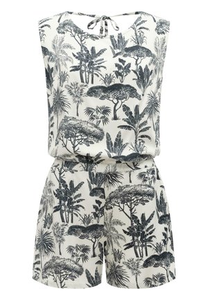 Combinaison sans manches avec imprimé tropical noir et blanc de palmiers et feuilles, encolure ronde avec fermeture à nouer dans le dos, et taille élastique.