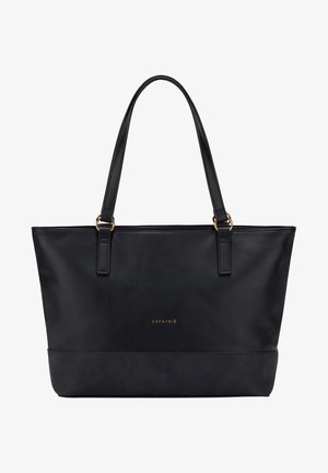 Black leather tote bag with dual handles, featuring a textured finish, gold logo at the front, and a contrasting matte bottom.