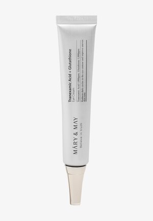 Tube der Mary & May Tranexamsäure- und Glutathion-Augencreme mit silberner Applikatorspitze auf einfarbigem Hintergrund.