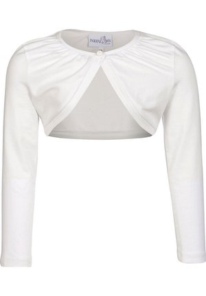 Witte cropped bolero met lange mouwen, geplooide halslijn en enkele knoopsluiting aan de voorkant, ontworpen voor meisjes.