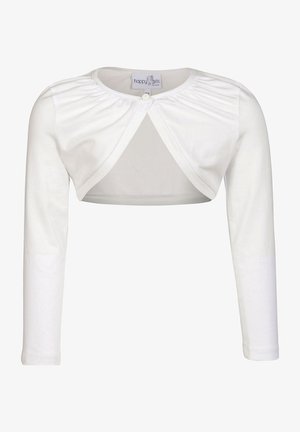 Bolero blanco de manga larga recortado con escote fruncido y cierre frontal con un solo botón, diseñado para niñas.