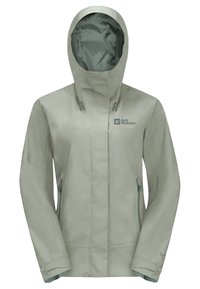 Waterdichte lichtgrijze jas met een capuchon, ritszakken aan de zijkant en verstelbare manchetten. Bevat subtiele branding op de borst en een soepele textuur.