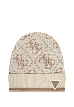 Cappello a maglia beige e marrone chiaro con monogramma intrecciato a motivo e risvolto con una piccola toppa triangolare con logo.