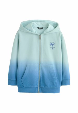 Hellblauer bis dunkelblauer Ombre-Reißverschluss-Hoodie mit Fronttaschen und einer kleinen Palmen-Grafik auf der Brust.