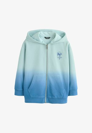 Hellblauer bis dunkelblauer Ombre-Reißverschluss-Hoodie mit Fronttaschen und einer kleinen Palmen-Grafik auf der Brust.
