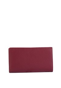 Portafoglio rosso in pelle con finitura texturizzata, forma rettangolare e cuciture curate. Presenta un design semplice senza hardware visibile.