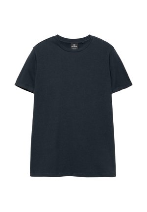 Effen zwart T-shirt met korte mouwen en een ronde hals, met een klein merkembleem aan de binnenkant van de kraag.