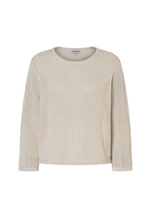 Cremefarbener, langärmeliger Strickpullover mit rundem Ausschnitt und offenem Gewebemuster, auf weißem Hintergrund dargestellt.