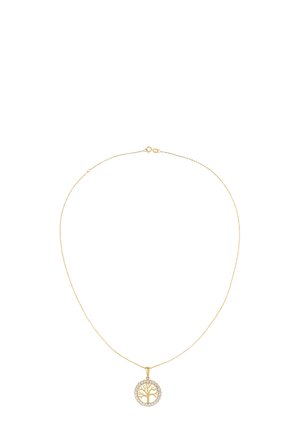 Guld halskæde med et cirkulært vedhæng, der har et trædesign omkranset af klare rhinsten, på en fin kæde.