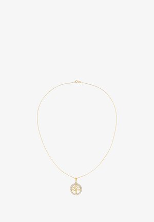 Guld halskæde med et cirkulært vedhæng, der har et trædesign omkranset af klare rhinsten, på en fin kæde.