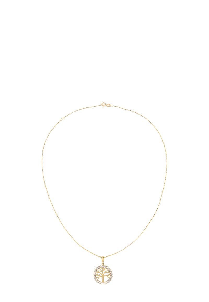 Guld halskæde med et cirkulært vedhæng, der har et trædesign omkranset af klare rhinsten, på en fin kæde.