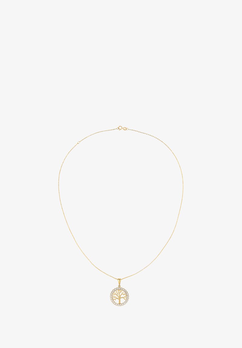 Goldene Halskette mit einem runden Anhänger, der ein Baumdesign zeigt, umgeben von klaren Strasssteinen, an einer feinen Kette.