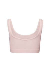 Ljust rosa bralette med rundad halsringning och breda axelband. Tillverkad av ett slätt tyg med en tajt passform och sömlösa kanter.