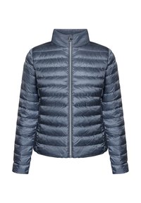 Doudoune bleu marine avec un col montant, un motif matelassé horizontal, une fermeture éclair à l'avant et une texture lisse et brillante.