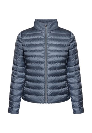 Doudoune bleu marine avec un col montant, un motif matelassé horizontal, une fermeture éclair à l'avant et une texture lisse et brillante.