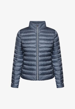 Doudoune bleu marine avec un col montant, un motif matelassé horizontal, une fermeture éclair à l'avant et une texture lisse et brillante.