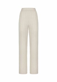 Lichtbeige kabelgebreide broek met een brede tailleband, gekenmerkt door verhoogde textuurpatronen en een ontspannen, rechte pasvorm.