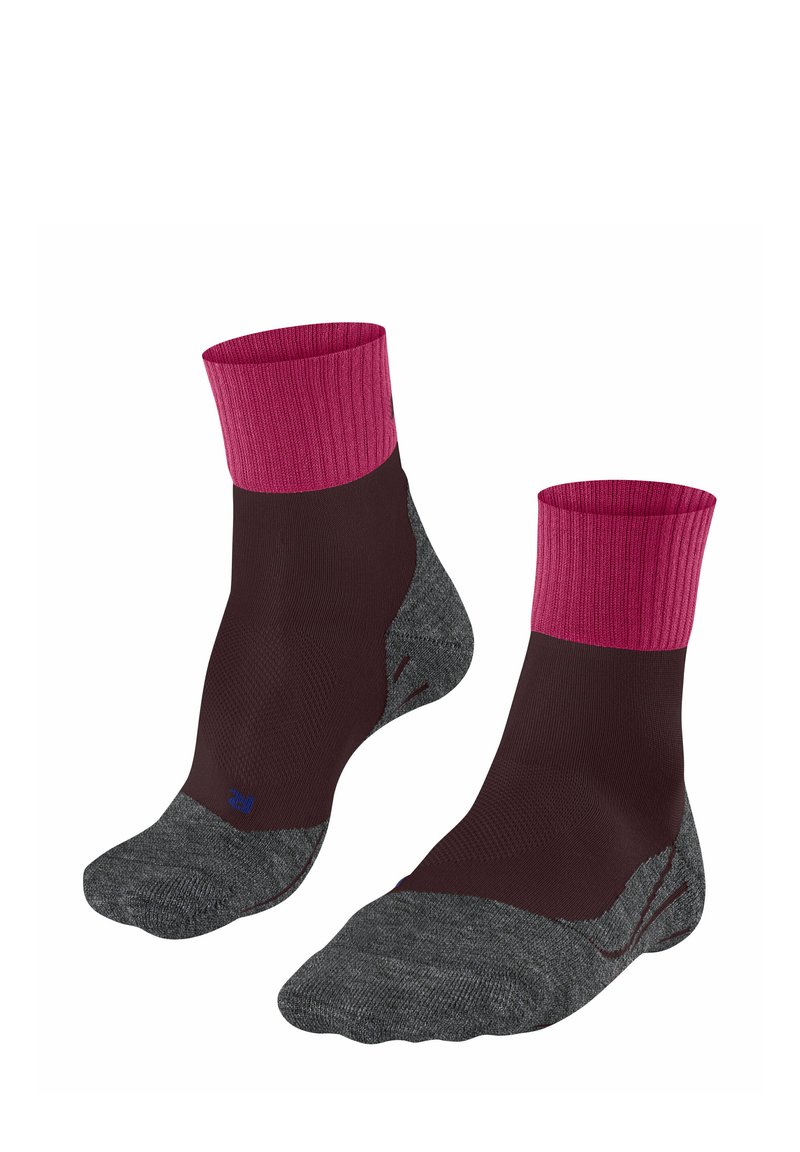 Calze alla caviglia bordeaux e grigie con un bordo rosa a costine nella parte superiore, progettate per comfort e supporto durante le attività.