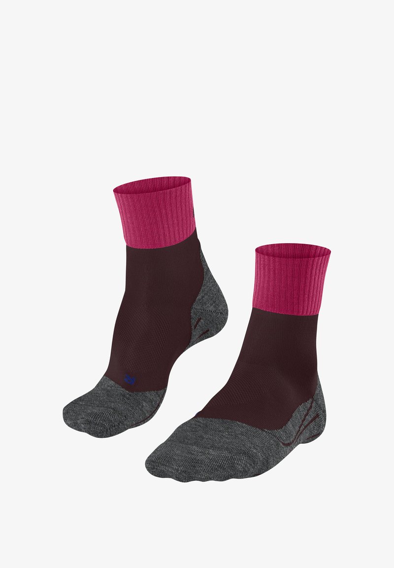 Calze alla caviglia bordeaux e grigie con un bordo rosa a costine nella parte superiore, progettate per comfort e supporto durante le attività.