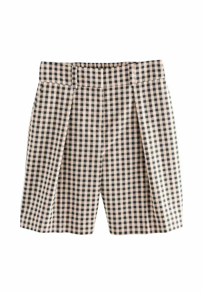 Short taille haute avec motif vichy noir et blanc et plis à l'avant.