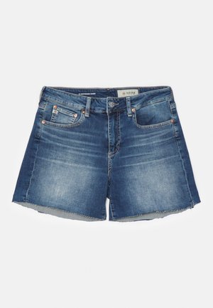 Blå denimshorts med fem lommer, beltestropper, knapp- og glidelås-lukking, samt slitt hem-detalj.