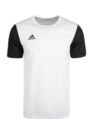Maglia sportiva Adidas bianca con maniche corte nere, collo tondo e logo Adidas sul petto, lato destro superiore.