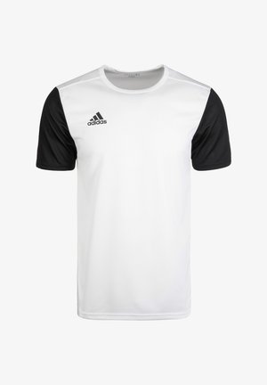 Weißes Adidas-Sportshirt mit schwarzen kurzen Ärmeln, Rundhalsausschnitt und Adidas-Logo auf der oberen rechten Brust.