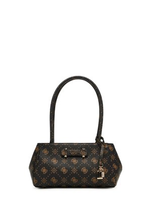 Borsa a tracolla nera e marrone con manici lunghi, targhetta con logo in metallo e ciondolo a forma di lucchetto decorativo sul lato.