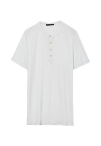 Maglietta henley bianca a maniche corte realizzata in tessuto morbido, con scollatura rotonda, patta con cinque bottoni e una vestibilità leggermente rilassata.