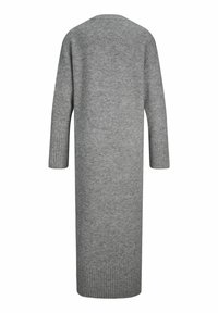 Pilkos vilnonės megztos suknelės ilgos rankovės ir tiesi siluetas. Su gemplėmis detalėmis ant rankogalių ir apvado. Nėra užsegimų.