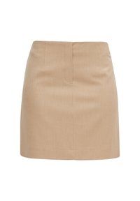 Mini-jupe beige en tissu lisse avec une coupe droite. Comprend une couture avant et aucun poche ou élément métallique visible.