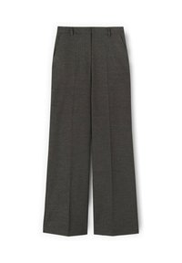 Pantaloni a gamba larga grigio scuro realizzati in tessuto strutturato, con pieghe frontali e tasche laterali, che offrono un aspetto sartoriale.