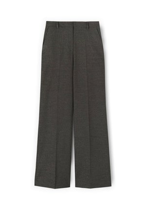 Ciemnoszare, szerokie spodnie z teksturowanej tkaniny, z przodu z plisami i bocznymi kieszeniami, oferujące elegancki wygląd.