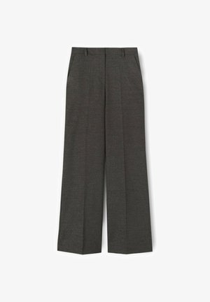 Dark gray, wide-leg trousers made of textured fabric, featuring front pleats and side pockets, offering a tailored appearance.