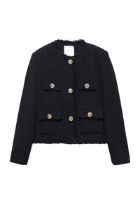 Chaqueta corta de manga larga negra texturizada con cuello redondo, seis botones decorativos dorados y cuatro bolsillos de solapa en el frente.