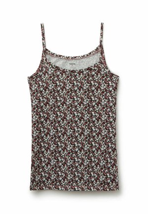Blumiges Camisole mit dünnen Trägern, versehen mit einem dunkelroten Hintergrund und mehrfarbigen Blumen. Weicher Stoff mit abgerundetem Ausschnitt.