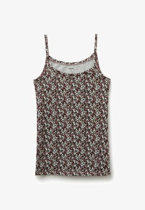 Blumiges Camisole mit dünnen Trägern, versehen mit einem dunkelroten Hintergrund und mehrfarbigen Blumen. Weicher Stoff mit abgerundetem Ausschnitt.