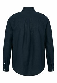 Dark blue long-sleeve shirt made of linen, featuring a pointed collar, buttoned cuffs, and a back yoke with pleating for added detail.