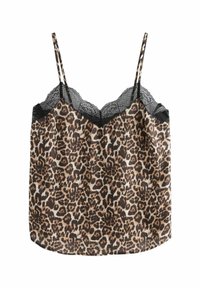 Camisole leopardo con acabado satinado, tirantes finos y un borde de encaje negro semitransparente a lo largo del escote. Textura suave, ajuste holgado.