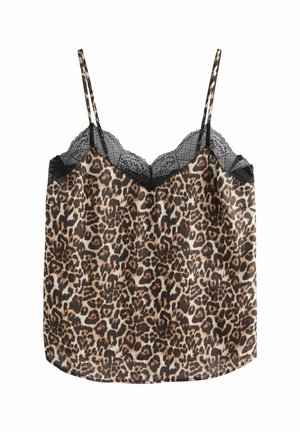 Camisole i leopardmönster med satinfinish, tunna axelband och en genomskinlig svart spetskant längs halsringningen. Slät textur, avslappnad passform.