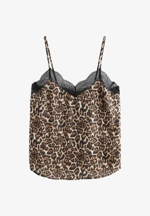 Camisole med leopardprint, der har en satinfinish, tynde stropper og en gennemsigtig sort blondertrim langs udskæringen. Glat tekstur, afslappet pasform.