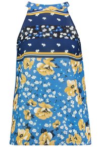 Modrý květinový top bez rukávů s žlutými květy a bílými akcenty, s vysokým výstřihem a kontrastními horizontálními pruhy. Hladká látka.