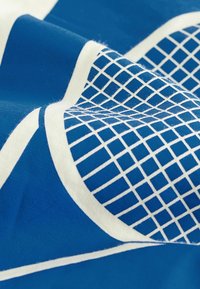 Blått tyg med ett geometriskt mönster med vita rutlinjer och böjda detaljer. Texturen verkar slät med en svag lyster.