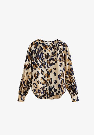 Bluse med leopardprint i beige, med dyb V-hals, lange puffærmer og elastiske manchetter. Glat stof med blå og brune accenter.