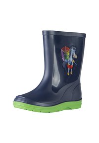 Botte en caoutchouc marine avec semelle verte, ornée d'un cheval en dessin animé tenant un parapluie coloré. Texture lisse avec un bout arrondi et un design léger.
