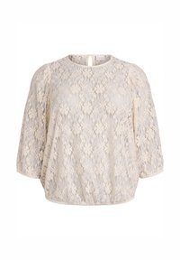 Bežs ziedu mežģīņu blūze ar trīs ceturtdaļu pūkām, apaļu kakla izgriezumu un mazu atpogājamu caurumu aizmugurē.